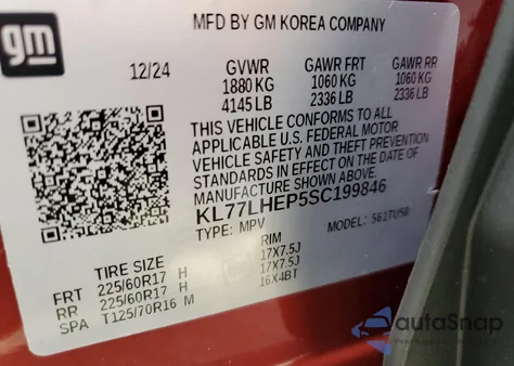 2025 Chevrolet Trax 1Lt z USA, uszkodzony, nr VIN KL77LHEP5SC199846